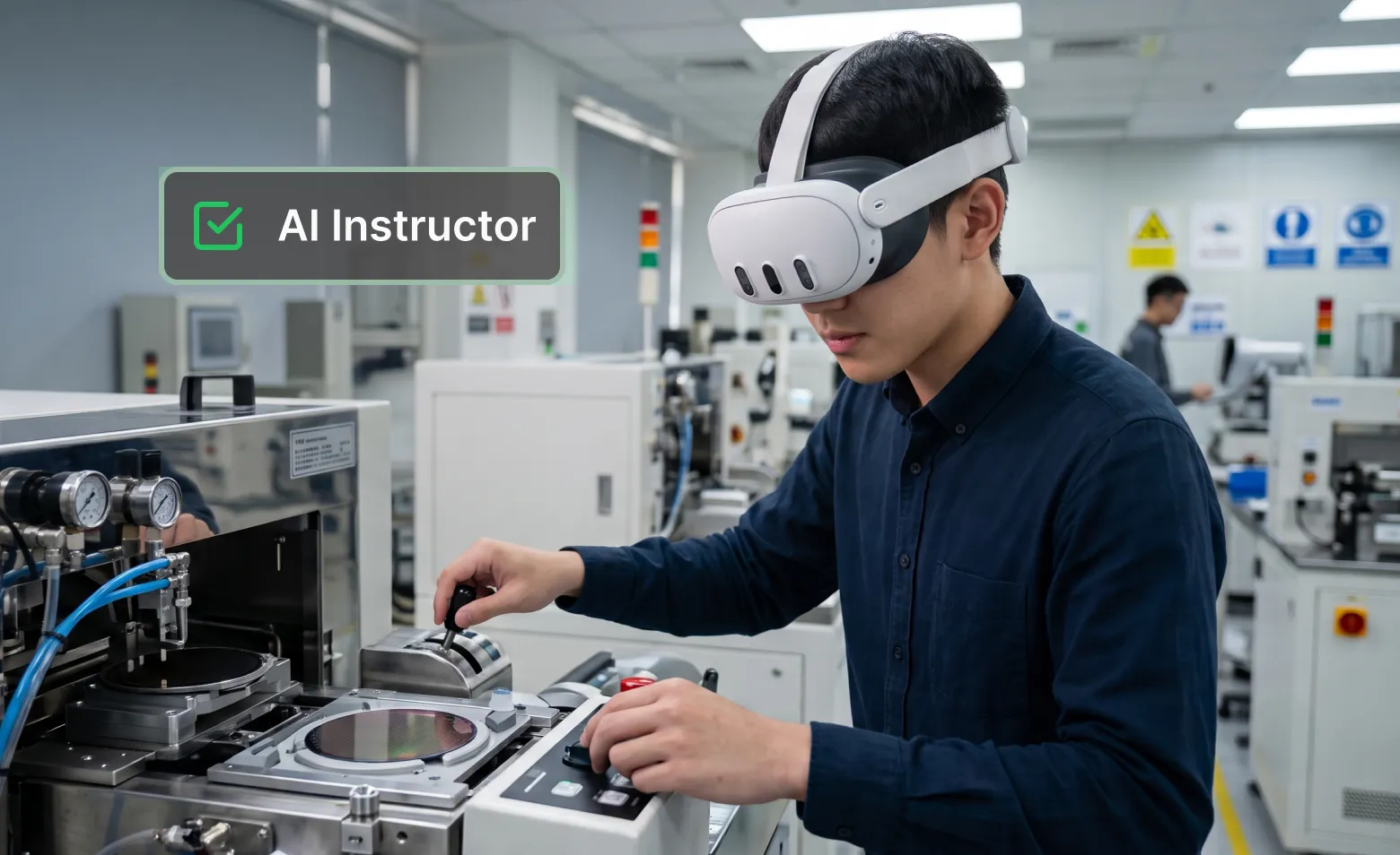 A male technician in a blue shirt wearing a VR headset and operating a piece of semiconductor equipment in a laboratory.